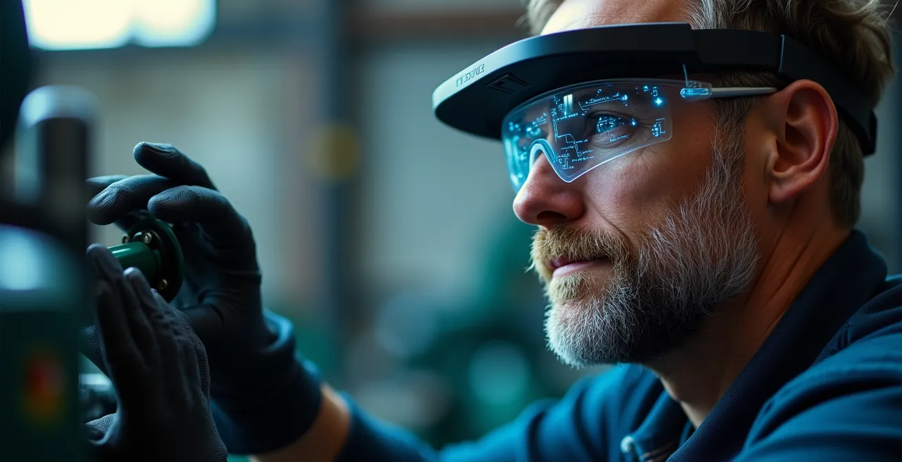 Close-up van technieker met AR-bril die gefocust werkt aan machine met minimale holografische overlays