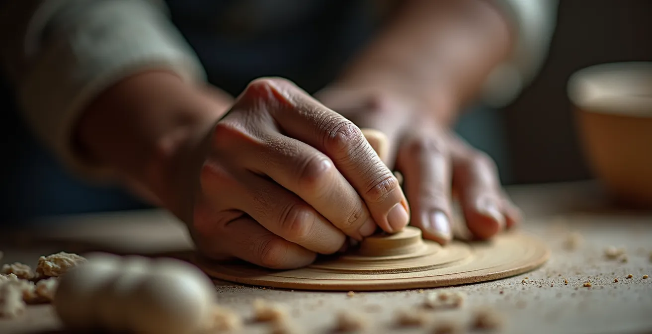 Close-up van ambachtelijke handen die traditioneel handwerk maken