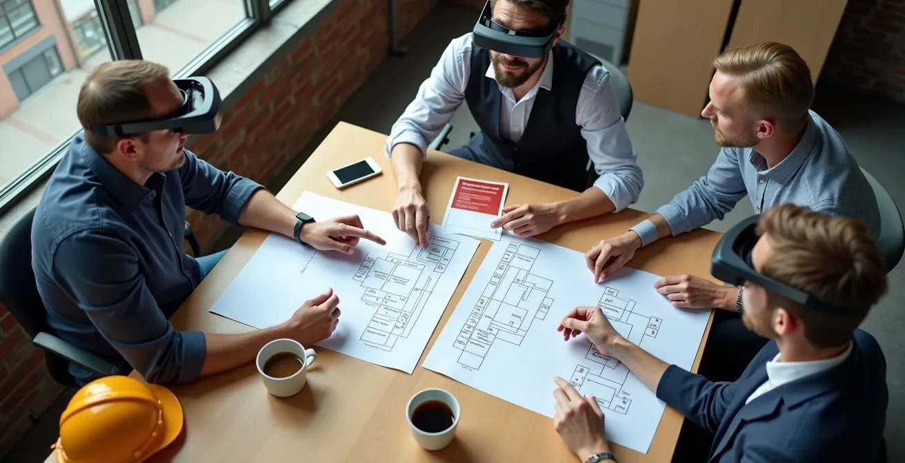 Overhead view van werkoverleg met technici rond tafel met AR-brillen en projectplannen