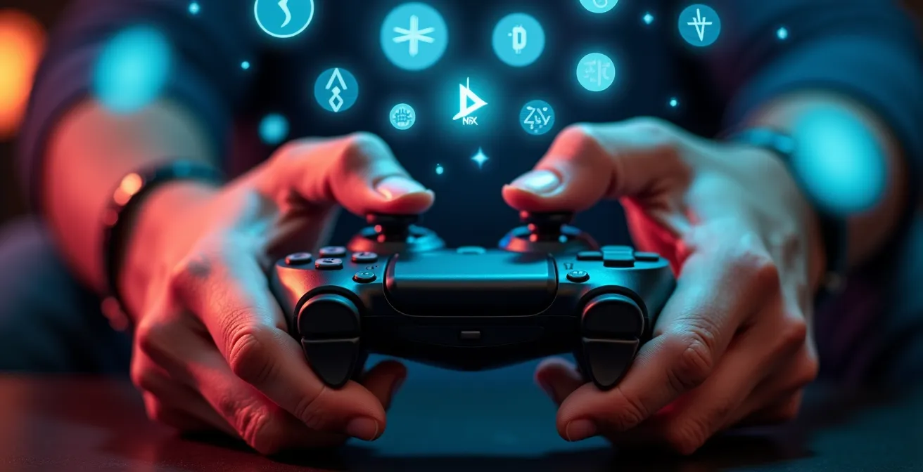 Close-up van handen die een gaming controller vasthouden met holografische crypto-munten en NFT-symbolen zwevend erboven