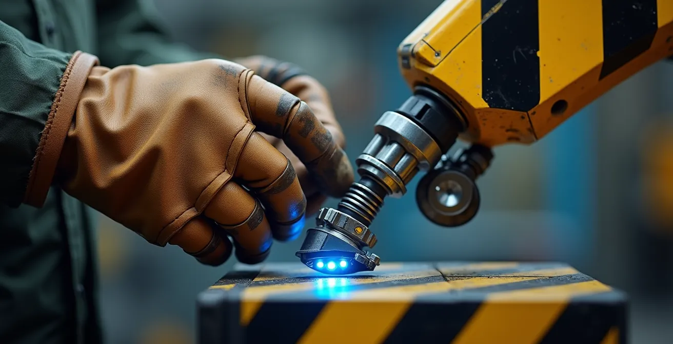 Macro-opname van menselijke hand en robotarm die samen werken aan precisieassemblage