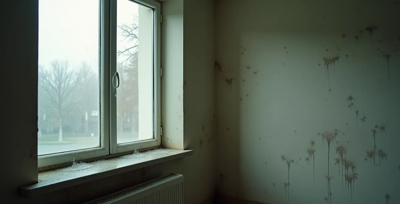 Condensvorming op raam met beginnende schimmel in hoeken typisch voor Belgische woningen