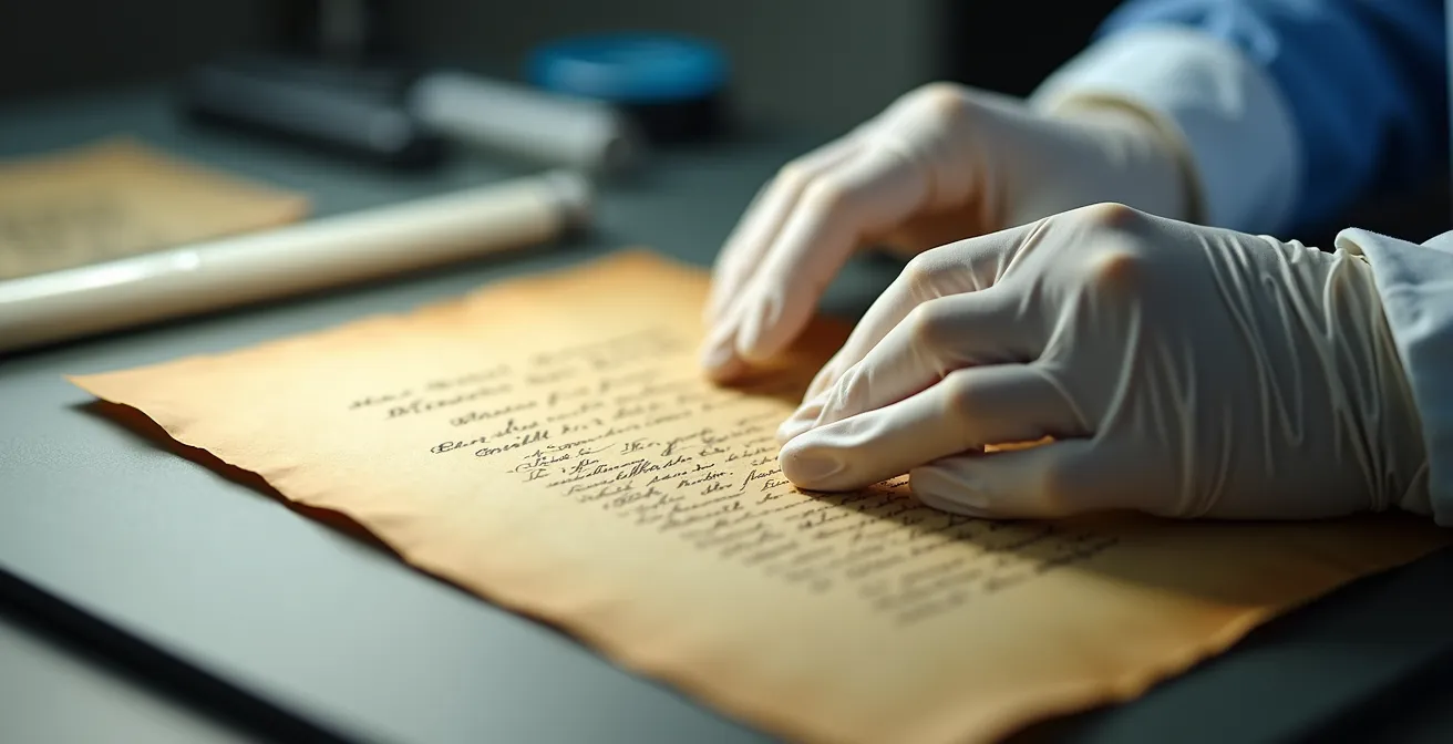 Conservator met beschermende handschoenen onderzoekt kwetsbare tekening onder gecontroleerd licht
