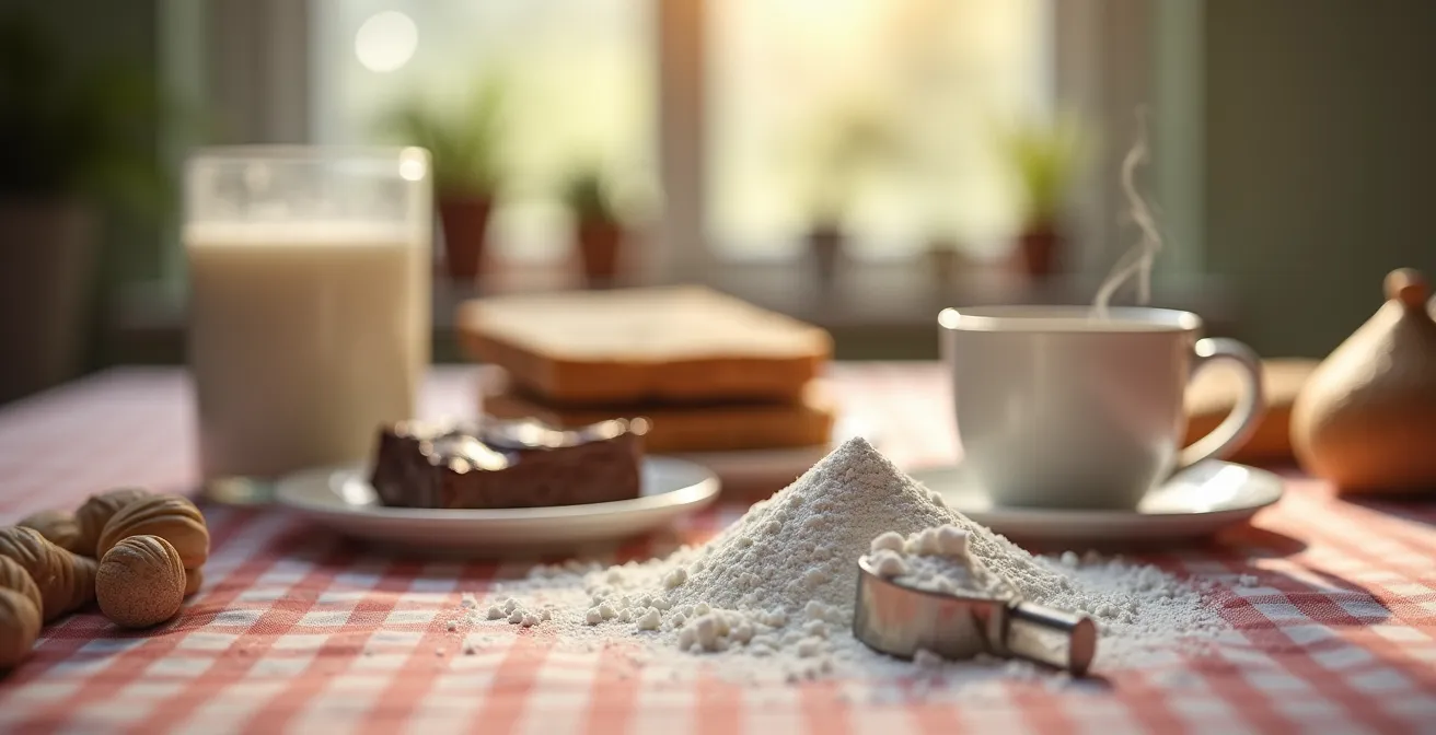 Creatine poeder met meetlepel naast typisch Belgisch ontbijt op keukentafel