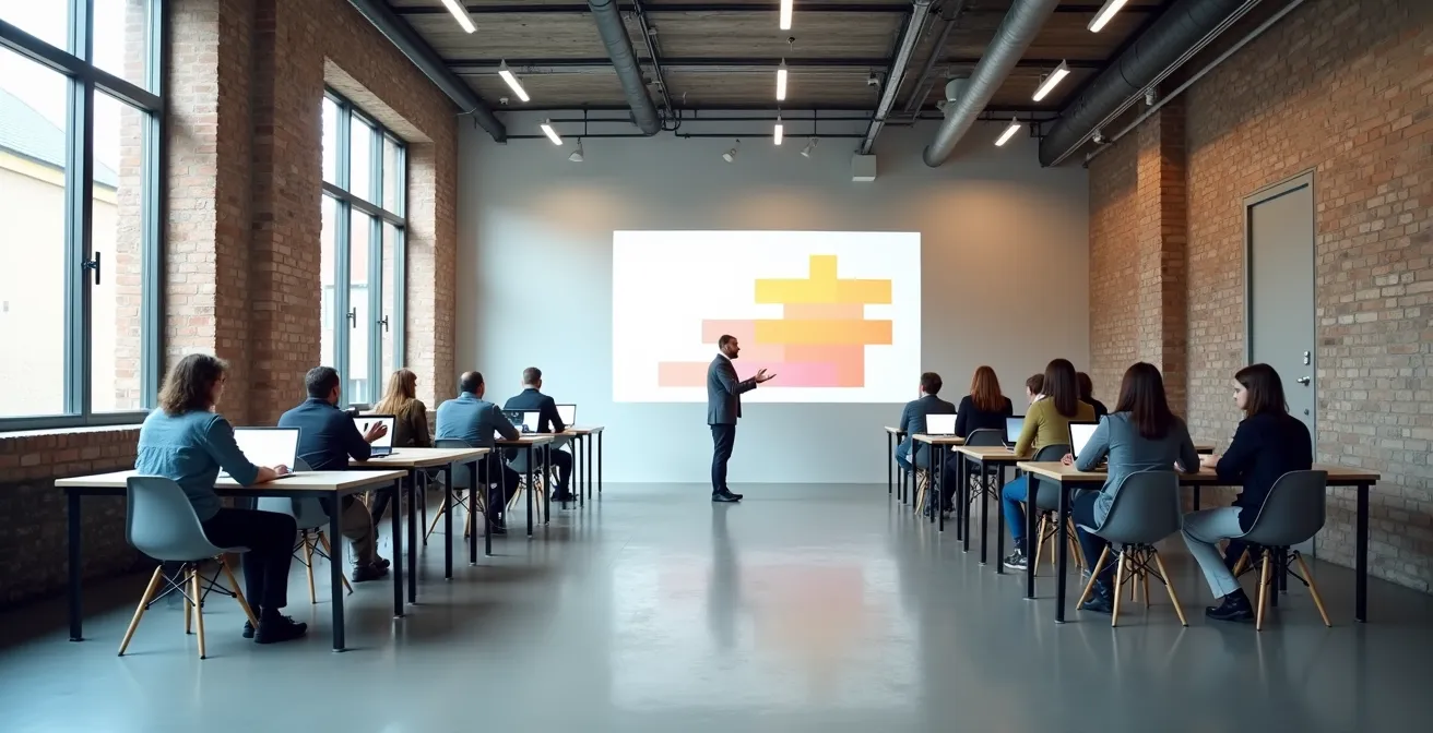 Wide shot van modern Belgisch kantoor met medewerkers in training