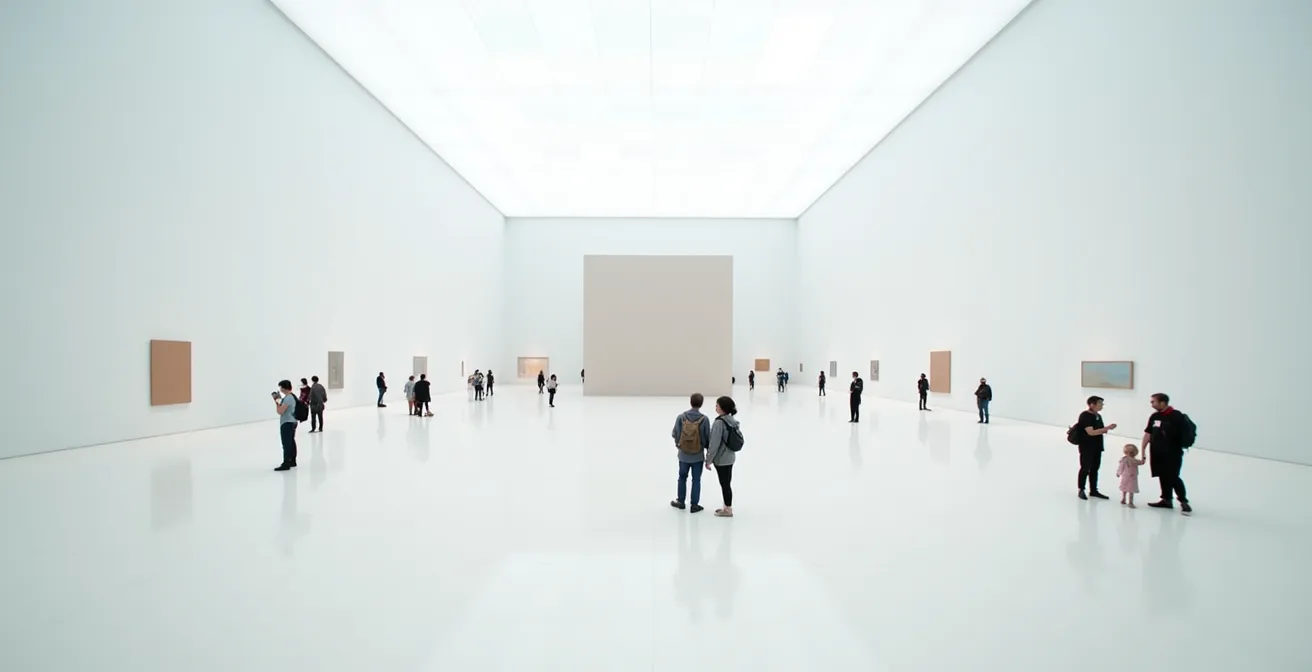 Diverse groep museumbezoekers van verschillende leeftijden bekijkt moderne kunst in KMSKA