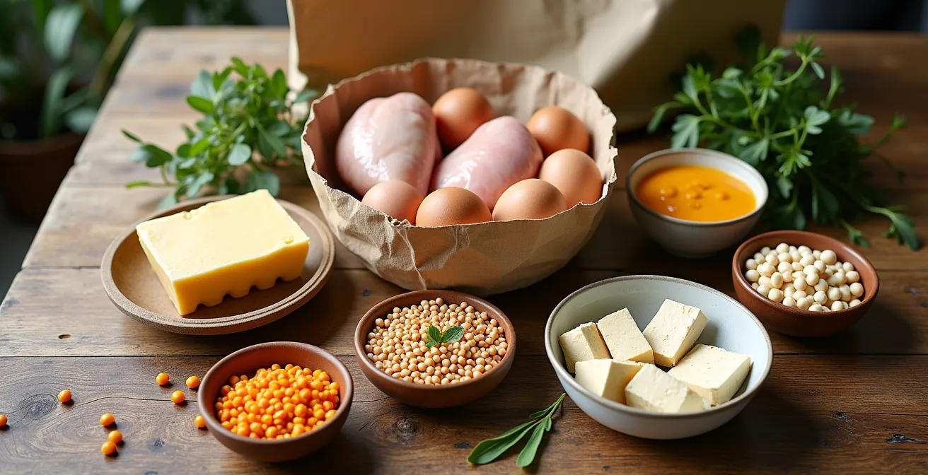 Overzicht van Belgische eiwitrijke producten en maaltijdcombinaties op houten tafel