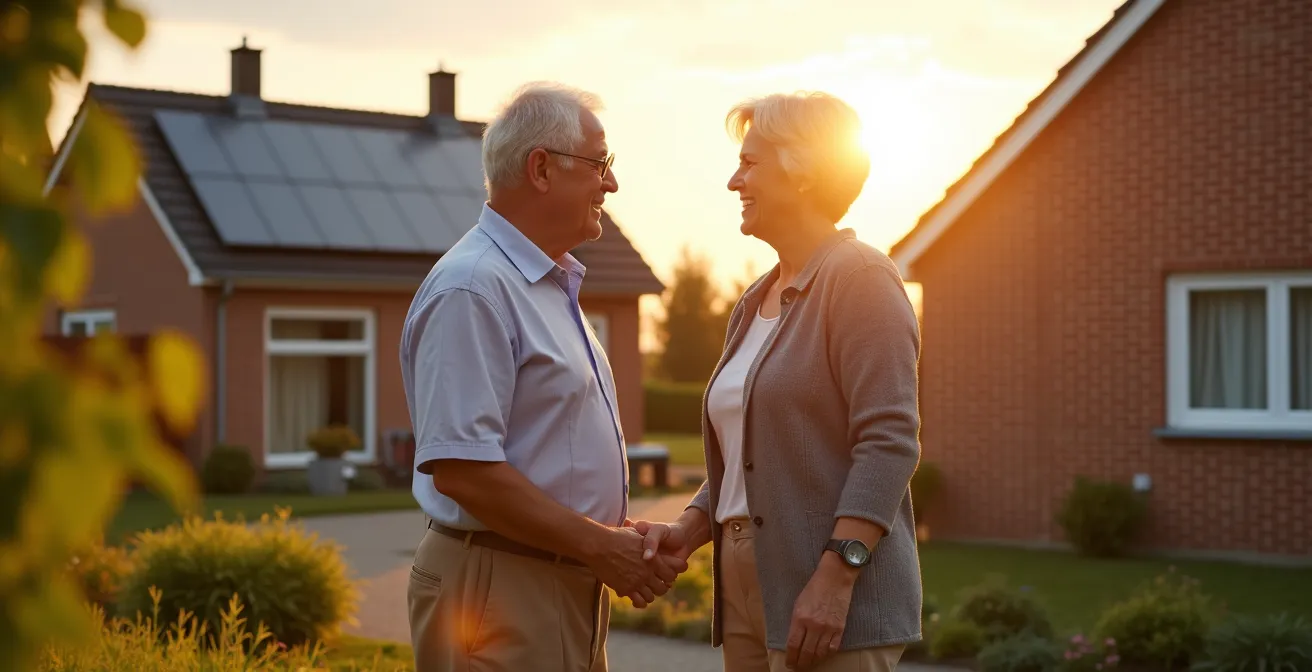 Schematische weergave van energiedelen tussen twee woningen via Fluvius netwerk