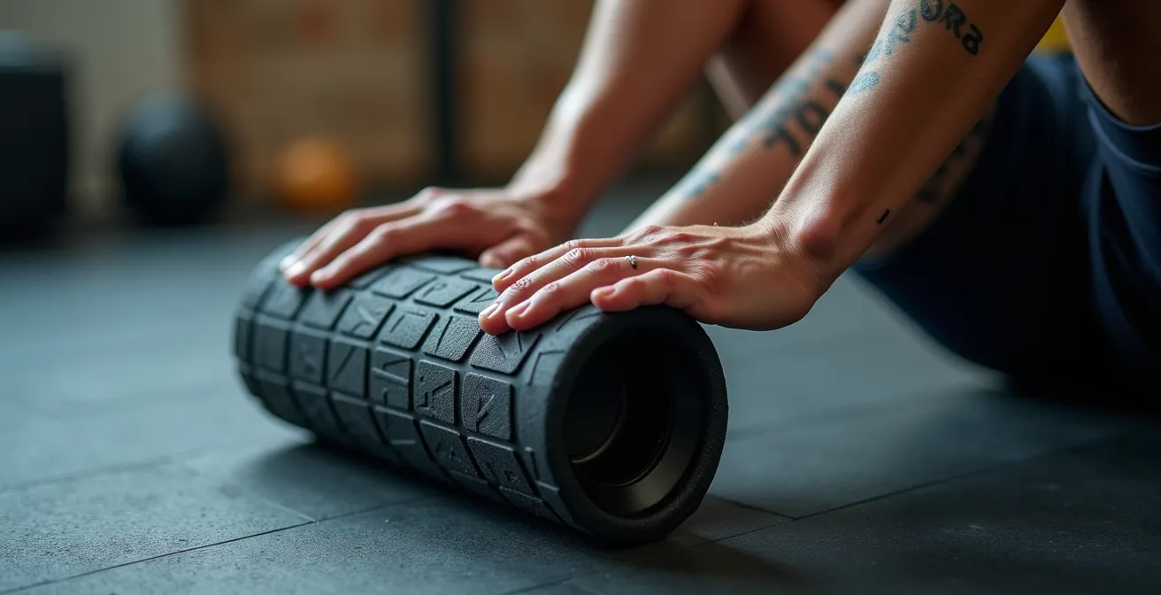 Close-up van foam roller techniek op IT-band van sporter