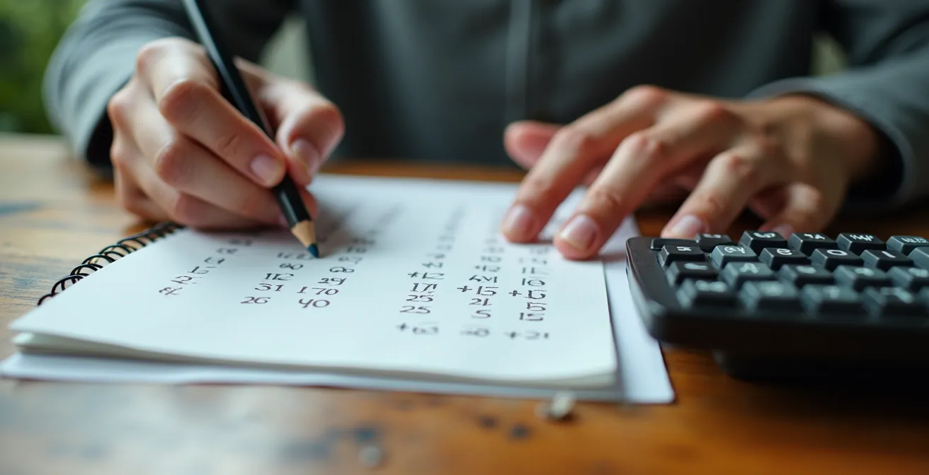 Close-up van handen die calculaties maken met rekenmachine en notebook op bureau