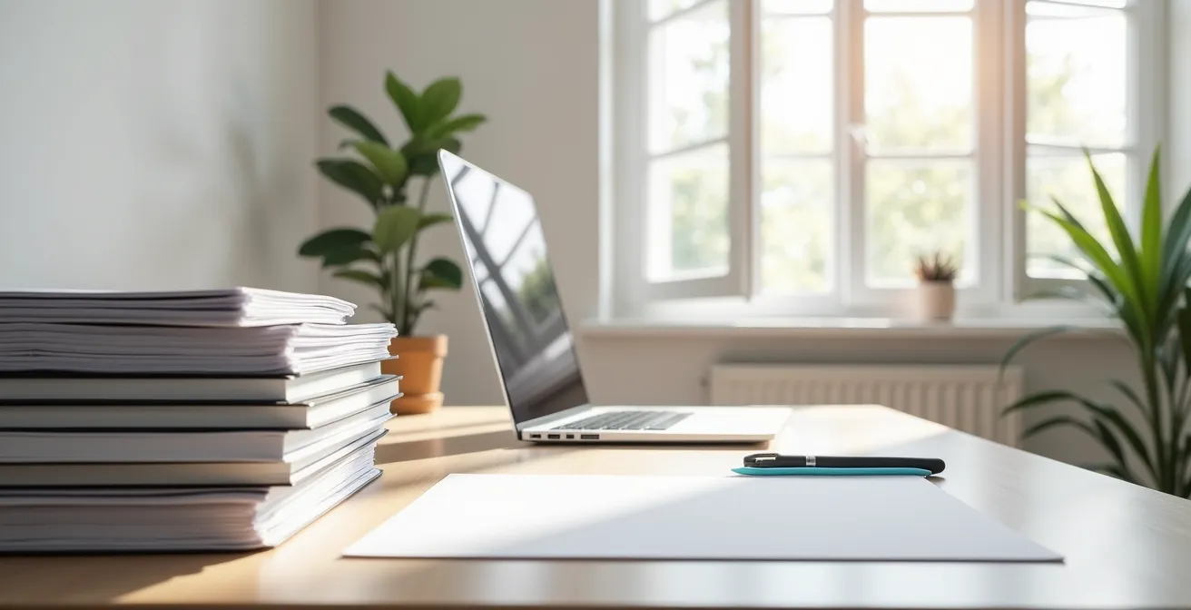 Overzicht van kantoorruimte met bureaubenodigdheden en administratieve materialen