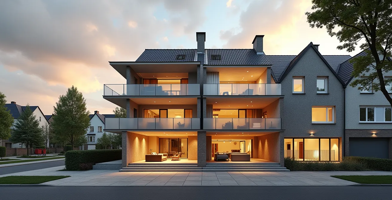 Doorsnede van een Vlaamse woning met gefaseerde renovatiezones en tijdlijn