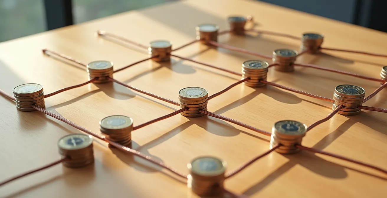 Visualisatie van een grid trading strategie met koopzones en verkoopzones