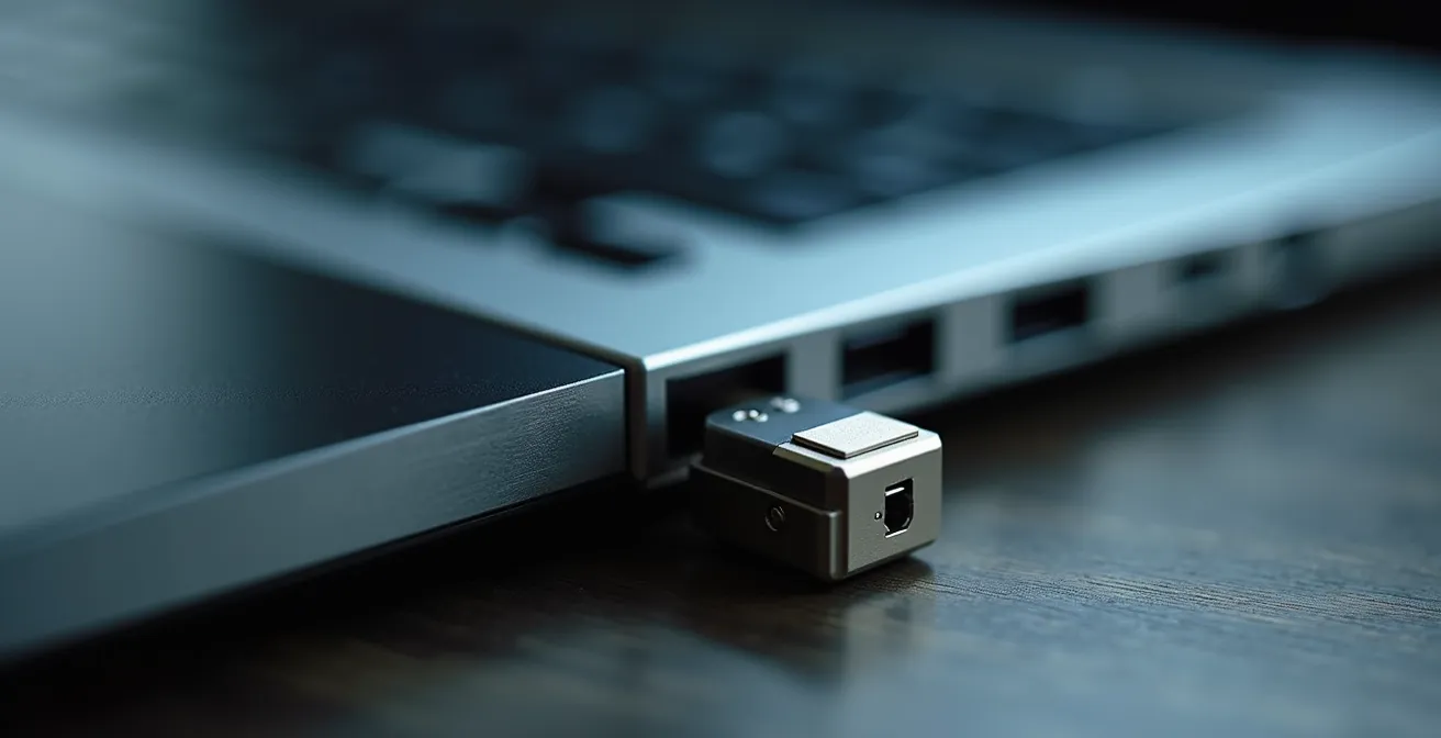 Close-up van een hardware authenticatiesleutel die in een laptop wordt gestoken