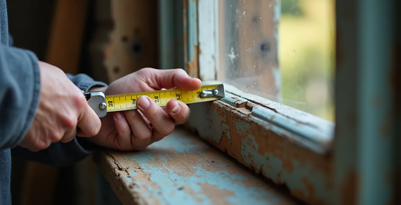 Close-up inspectie van houten raamkader tijdens renovatiebeoordeling