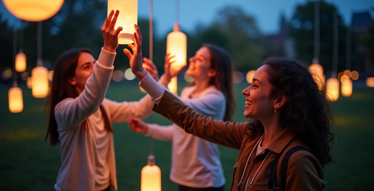 Mensen interageren met lichtinstallatie in Brusselse park tijdens avond