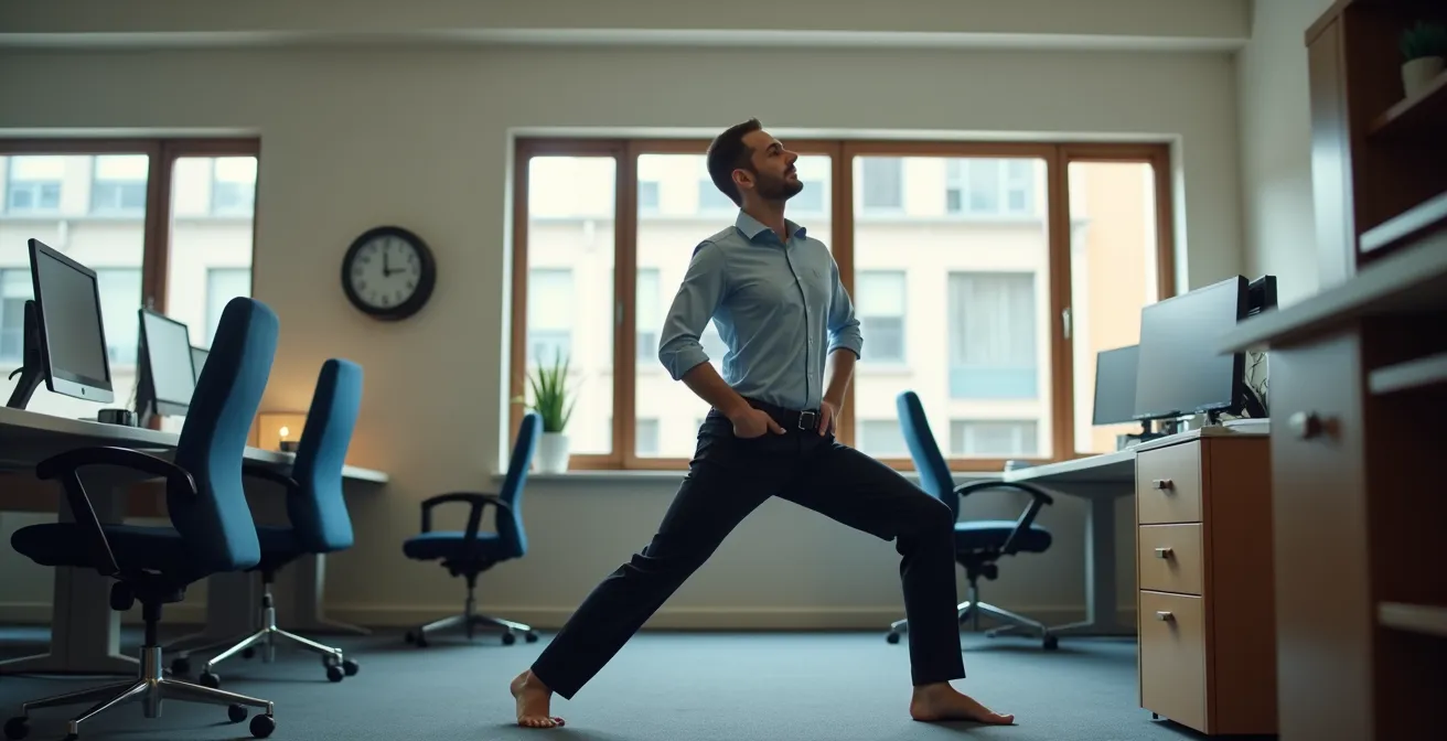 Kantoormedewerker voert discrete heupflexor stretch uit naast bureau