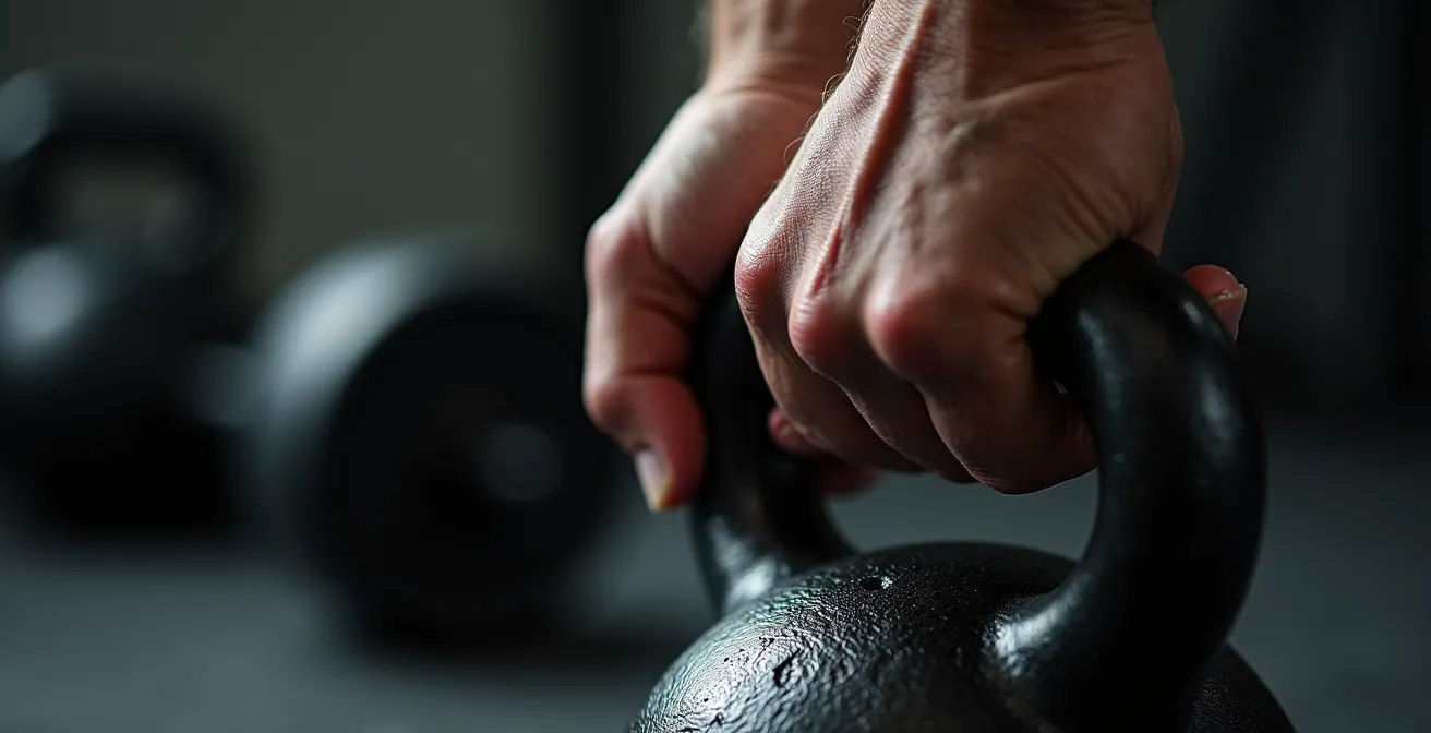 Close-up van handen die een kettlebell vastpakken met zichtbare spanning in onderarmen