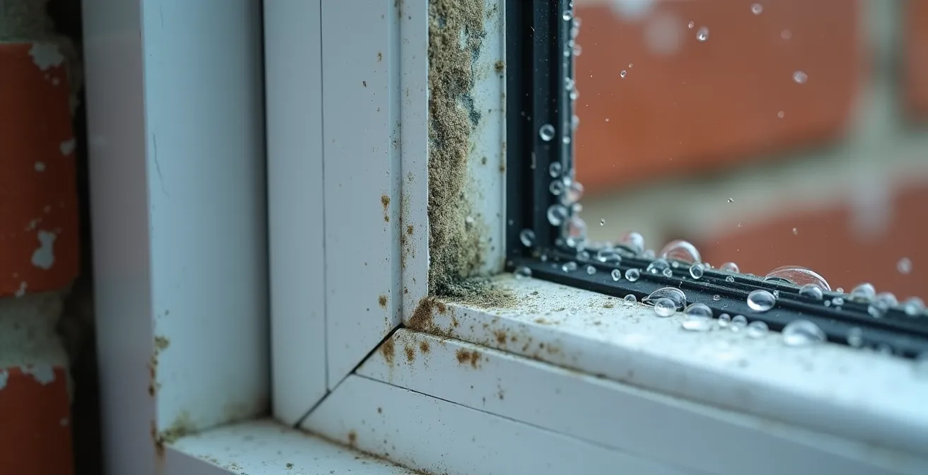 Macro-opname van condens en schimmelvorming rond nieuw raam zonder gevelisolatie