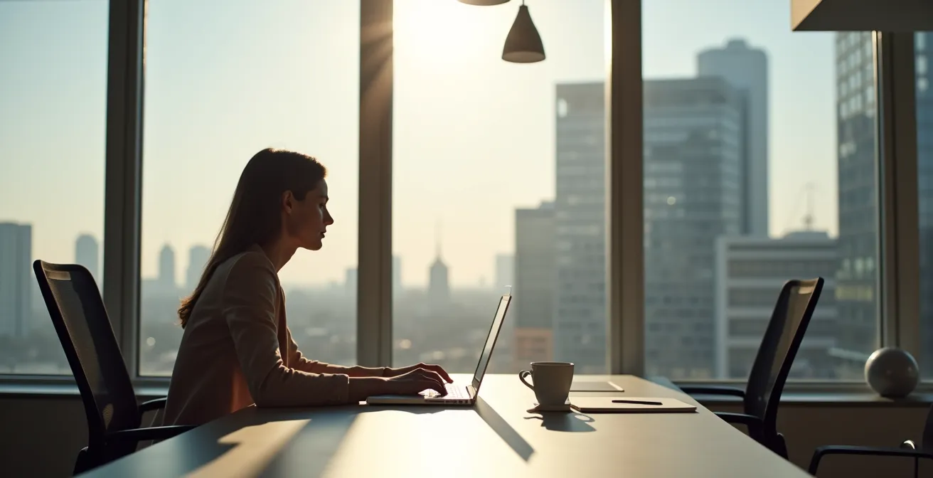 Professional schrijft een persoonlijk LinkedIn-bericht op laptop in een Belgische kantooromgeving