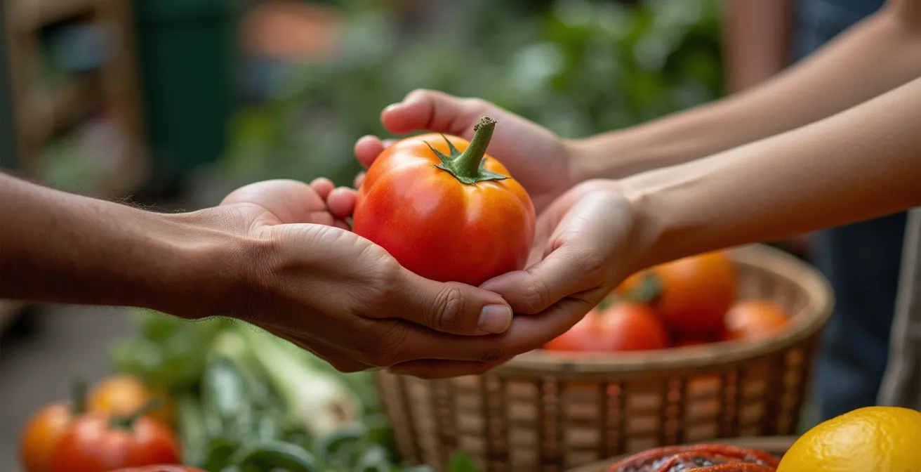Reiziger oefent lokale woorden met marktverkoper