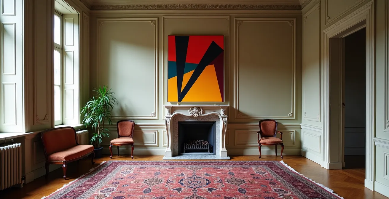 Een abstract modern schilderij hangt elegant in een klassiek Belgisch herenhuis