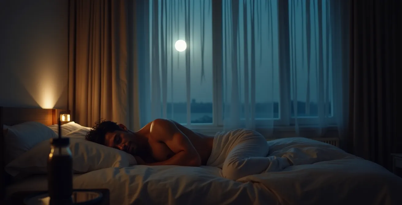 Slapende atleet in donkere slaapkamer met subtiele visualisatie van herstelproces