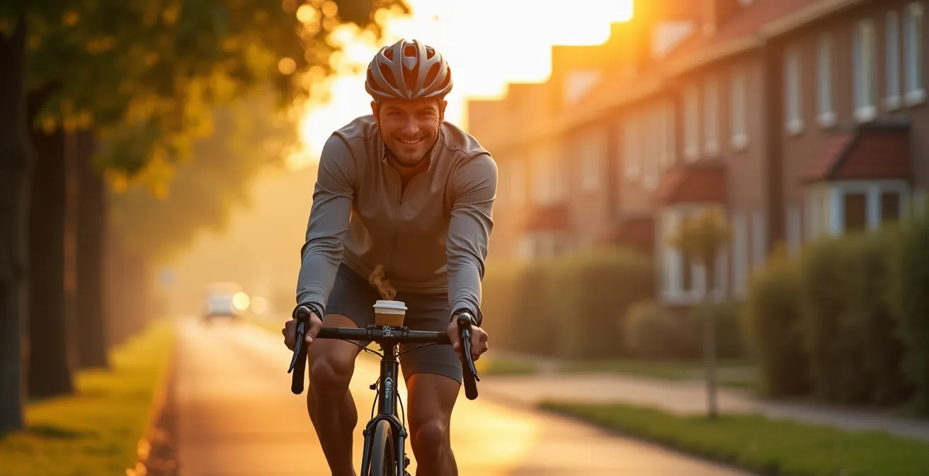 Persoon fietst in ochtendlicht door Belgisch park