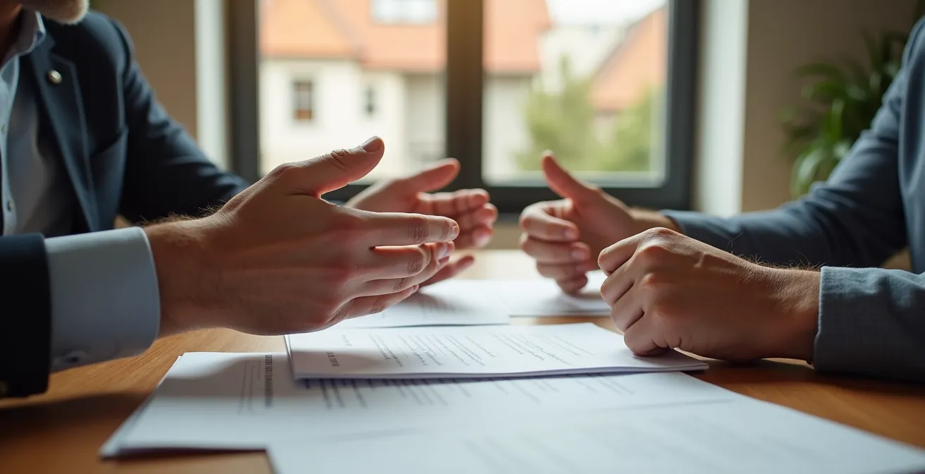 Close-up van handen die documenten doorgeven met wazig Belgisch huis op achtergrond