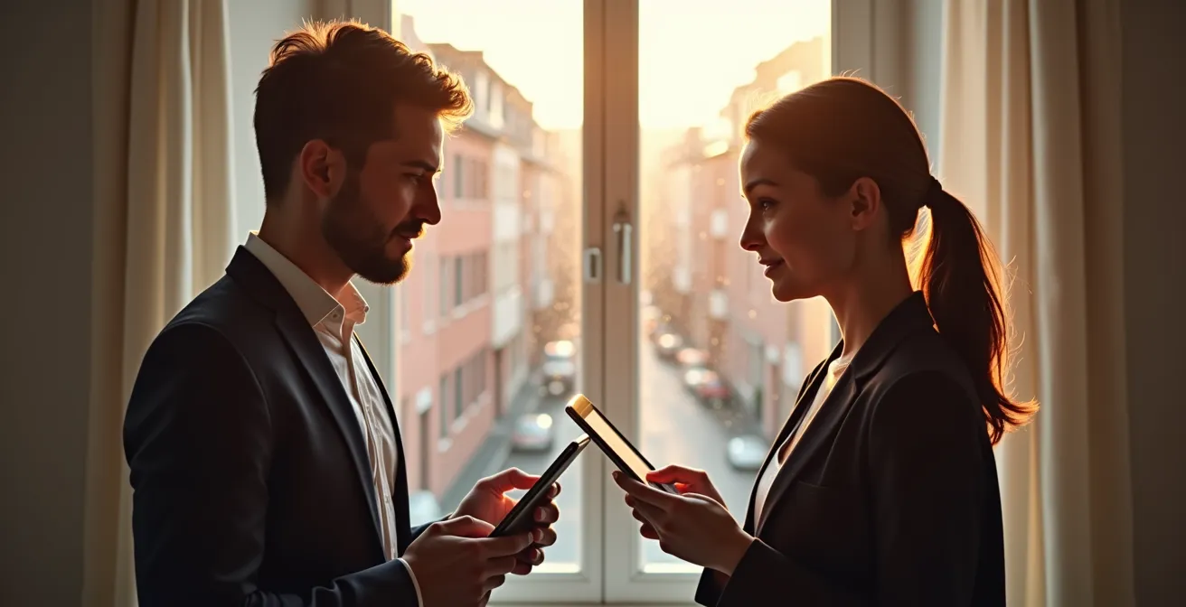 Twee personen verbonden door digitaal netwerk zonder bankgebouw ertussen