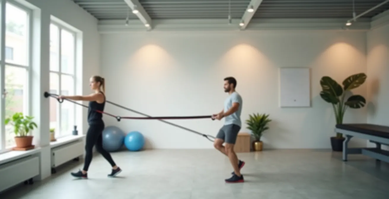 Atleet voert externe rotatie uit met weerstandsband in kinesitherapiepraktijk