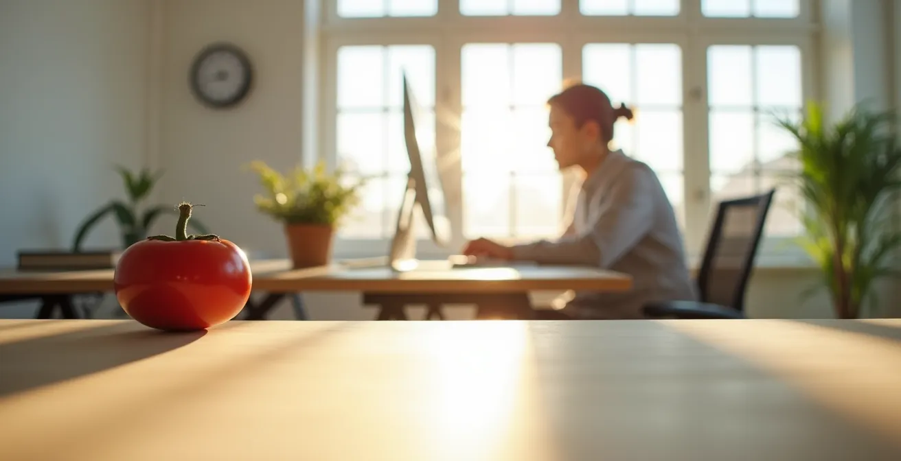 Werkplek met tomatentimer en gefocuste werknemer