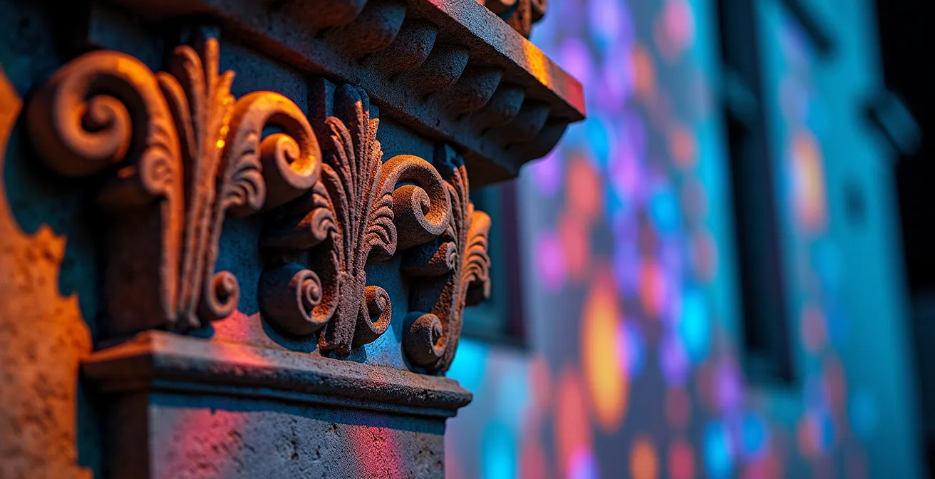Close-up van historische architectuurdetails verlicht door moderne projecties