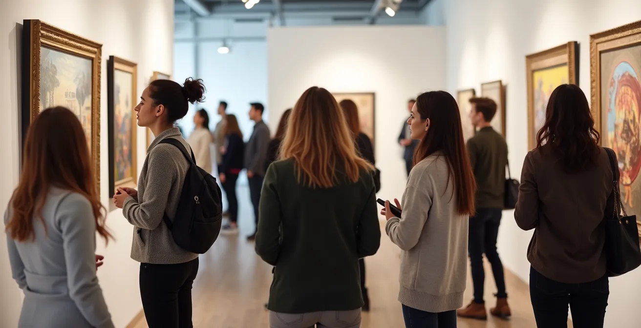 Kunstliefhebbers bekijken werken van afstuderende studenten tijdens een tentoonstelling