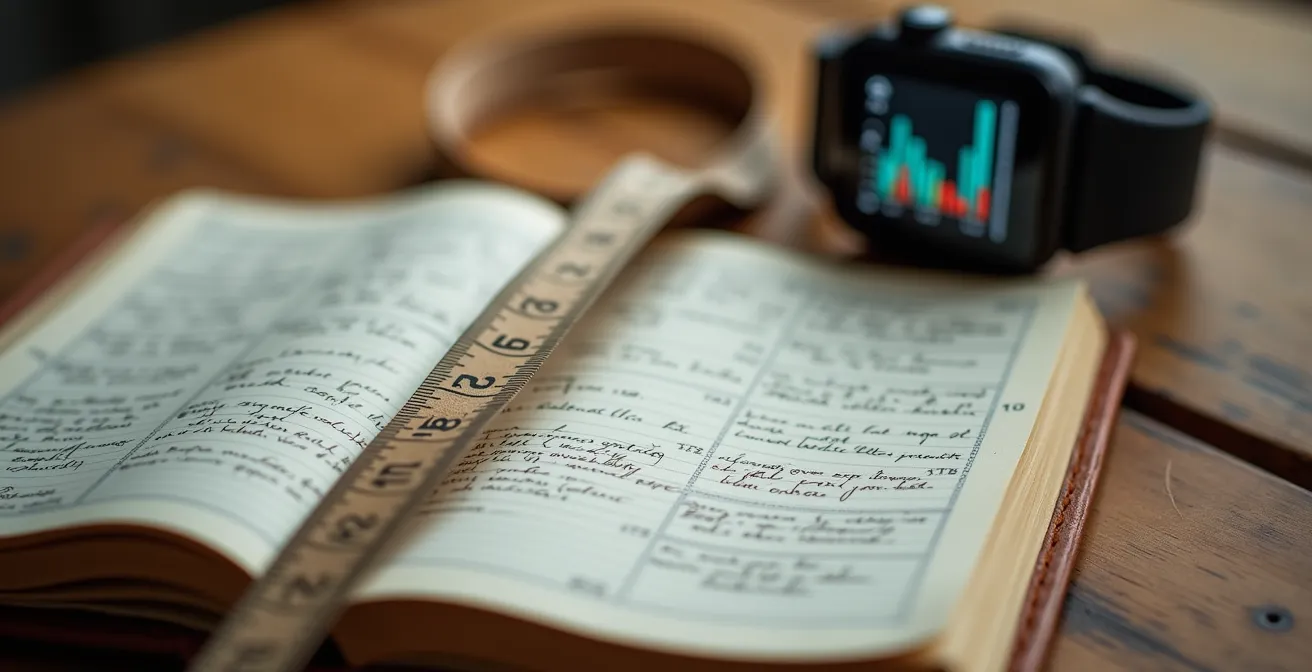 Close-up van handgeschreven trainingsnotities met meetlint en smartwatch op houten tafel