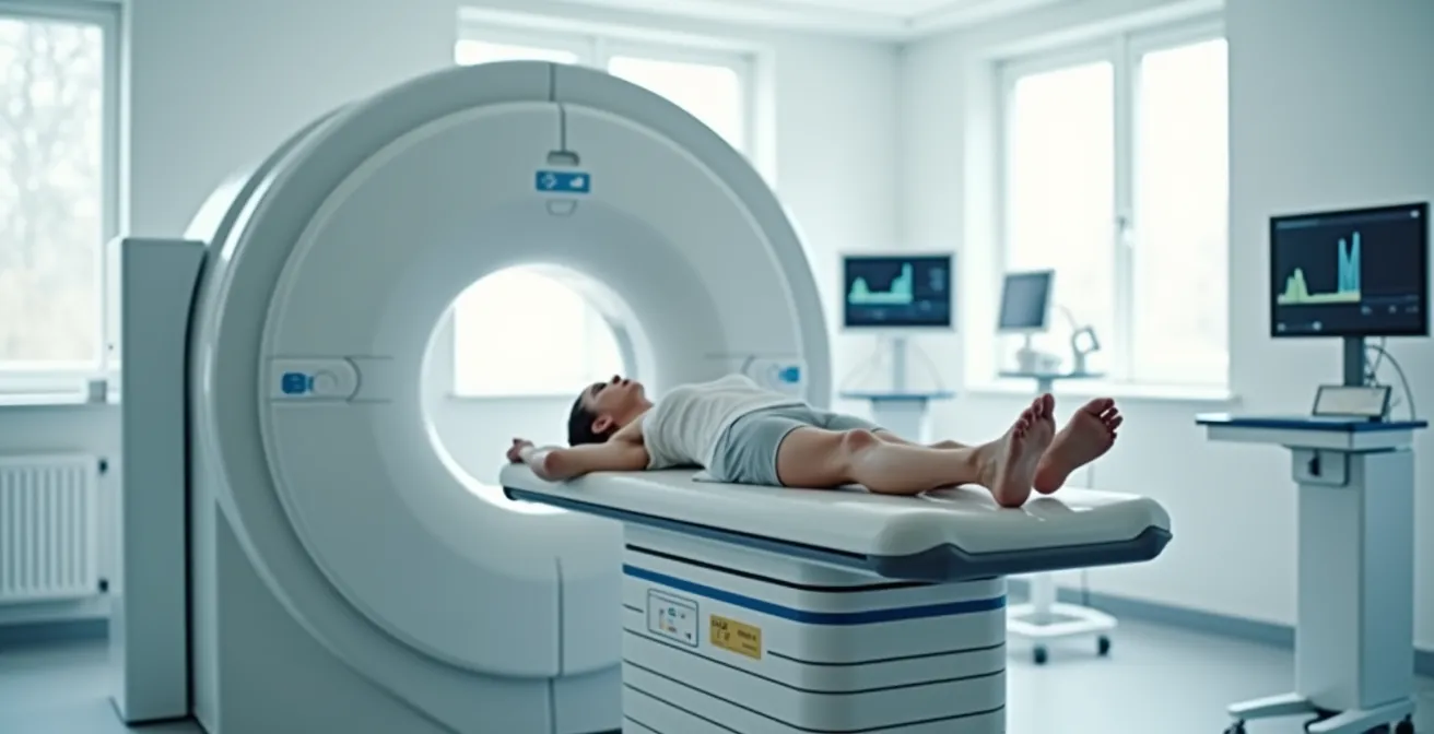 Professionele atleet tijdens DEXA-scan meting in moderne kliniek