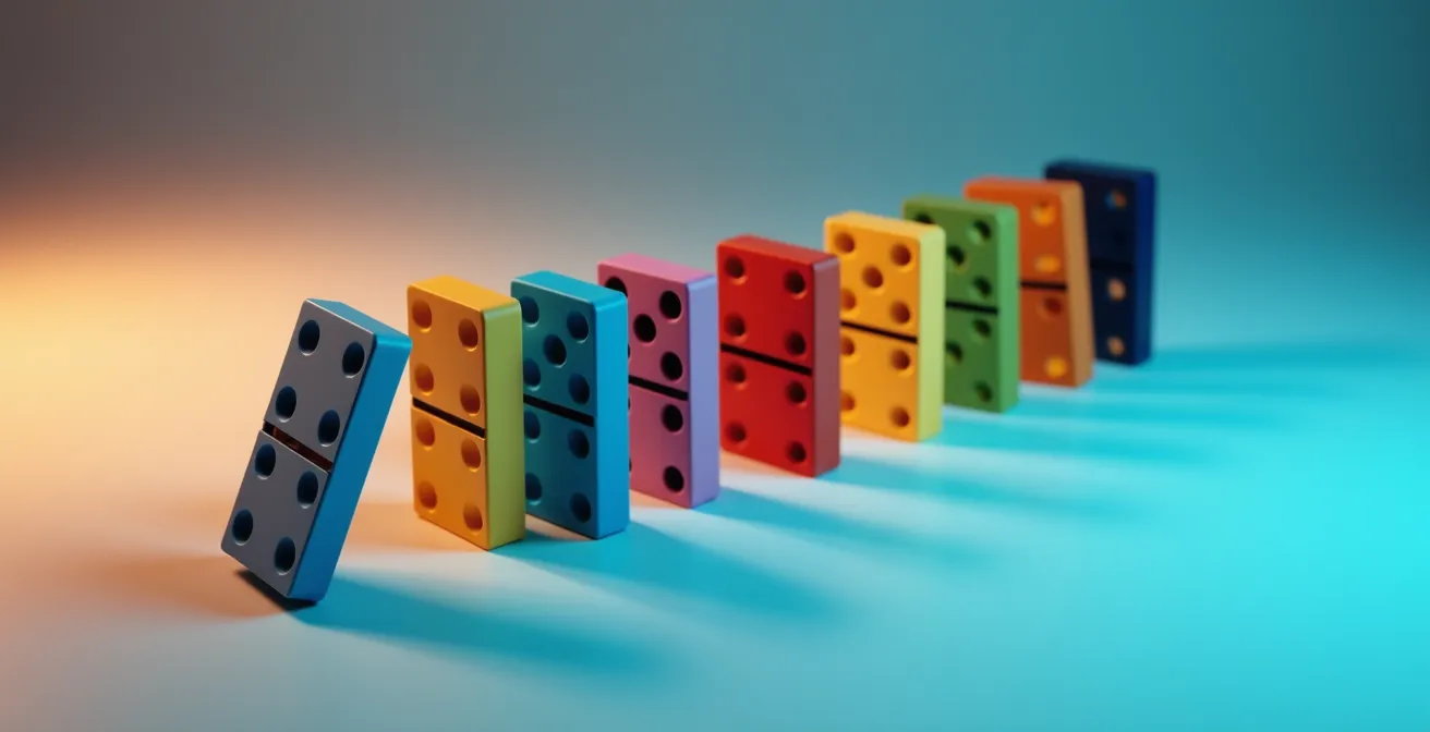 Abstracte visualisatie van de digitale veiligheidsrisico's van wachtwoordhergebruik als een reeks vallende dominostenen