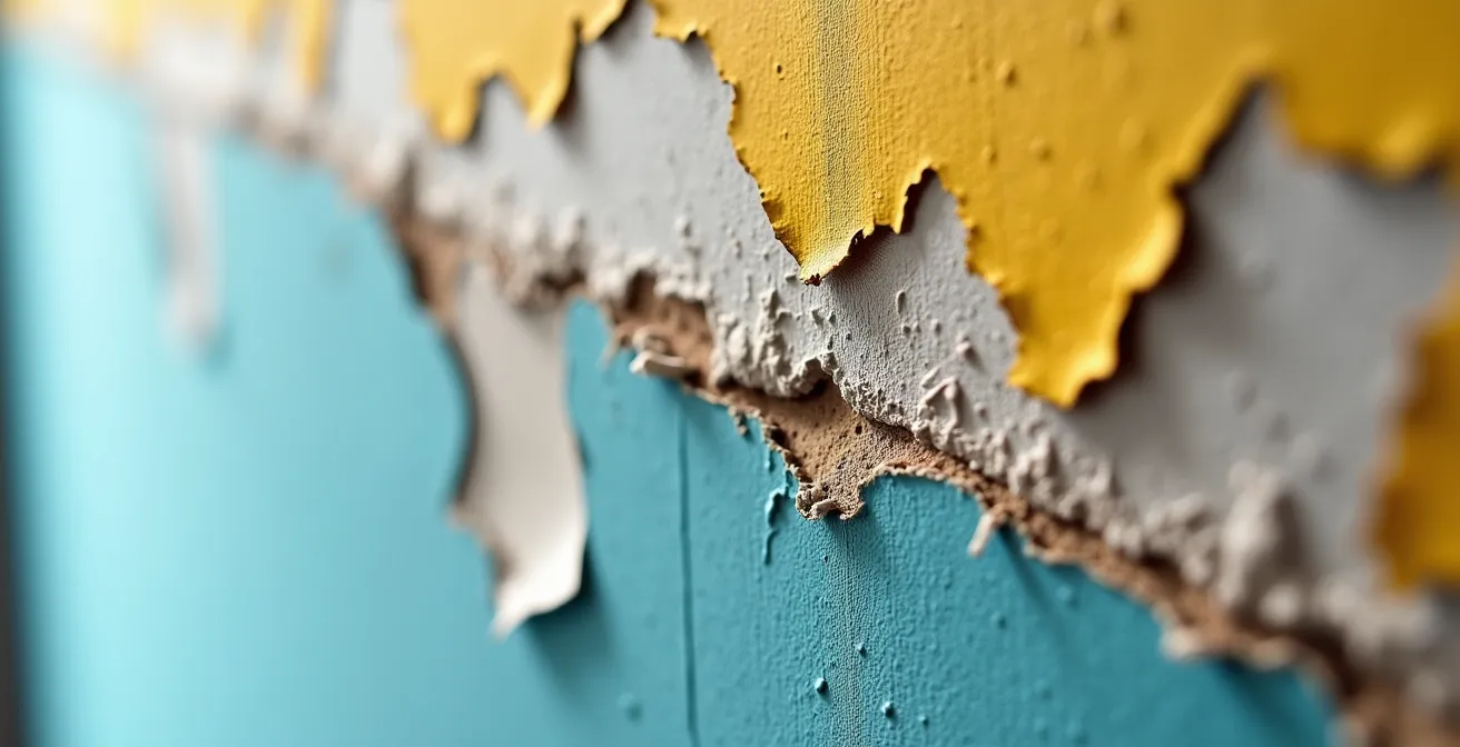 Macro-opname van vochtplek op muur met verfschilfers, professionele vastgoedinspectie